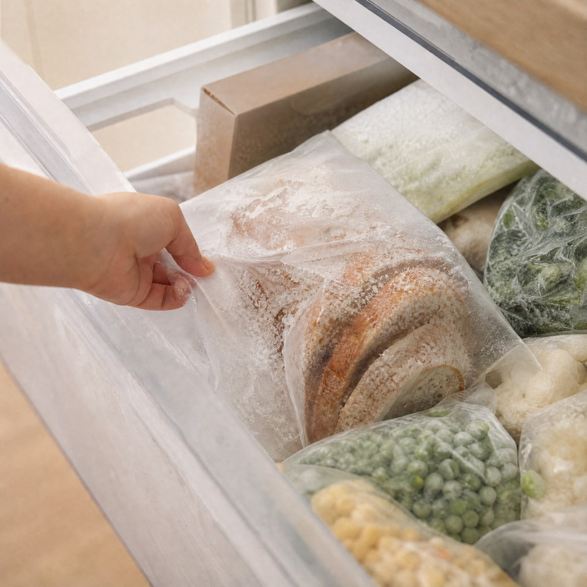 Brot im Gefrierbeutel in einem vollen Gefrierfach