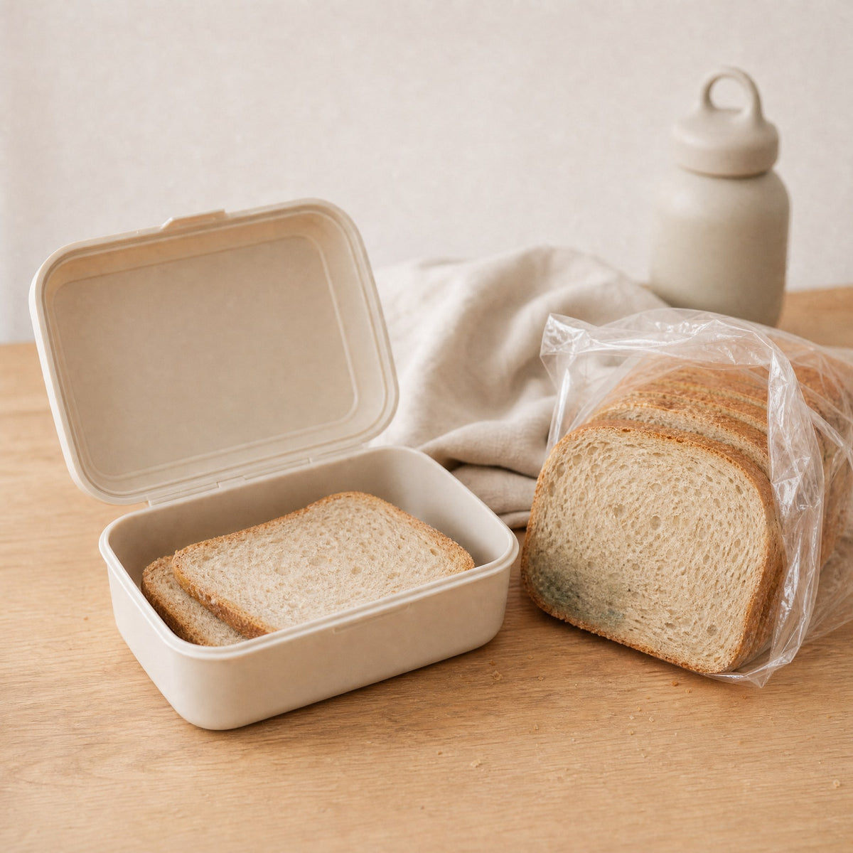 Toastbrot mit Schimmel neben einer Brotdose